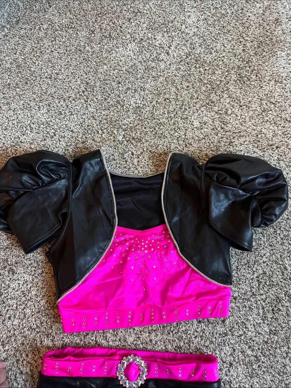 Weissman Black pleather and Hot Pink Dance Costume with puff sleeves style 17581